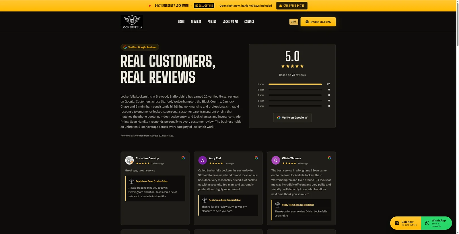 The dedicated Lockerfella reviews page, sourced directly from the Google Business Profile. Twenty-two reviews at five stars. Each review shows the reviewer's name, profile photo where available, the date the review was posted, the location they were calling from, and the specific job they had done. A note at the top of the page states the source: Every review on this page is sourced from the Lockerfella Locksmiths Google Business Profile.