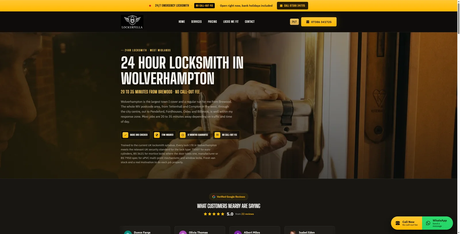 Top portion of the Lockerfella Wolverhampton area page showing the page heading, a hero image of a locksmith hand fitting an anti-snap cylinder to a uPVC door, and the opening paragraph that frames Wolverhampton from the locksmith's perspective: where it sits in the catchment, the typical drive time from Brewood, and the kinds of jobs that come in from the area most. Notice the page does not open with generic locksmith service copy. It opens with local-knowledge framing.