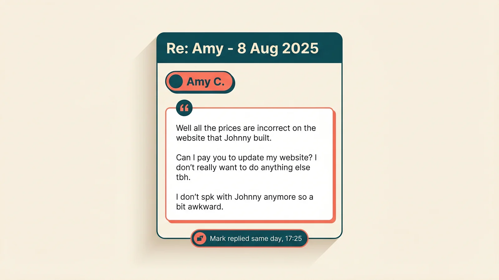 An illustrated representation of Amy C.'s follow-up email to 365i on 8 August 2025. She asks if she can pay us to update her website, says she doesn't really want to do anything else herself, and adds that she doesn't speak to her original designer anymore so it's a bit awkward.