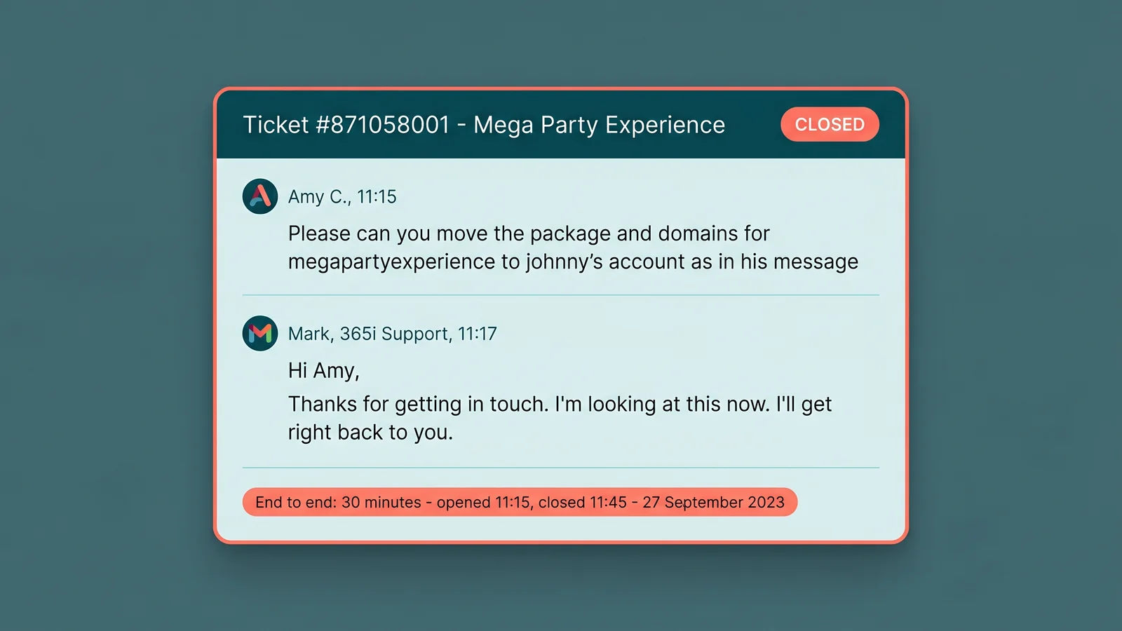 An illustrated representation of Amy C.'s original 27 September 2023 support ticket. She wrote one line asking us to move the package and domains for her business to her own account, and we acknowledged within two minutes. The ticket card shows the request at 11:15 and our acknowledgement at 11:17.