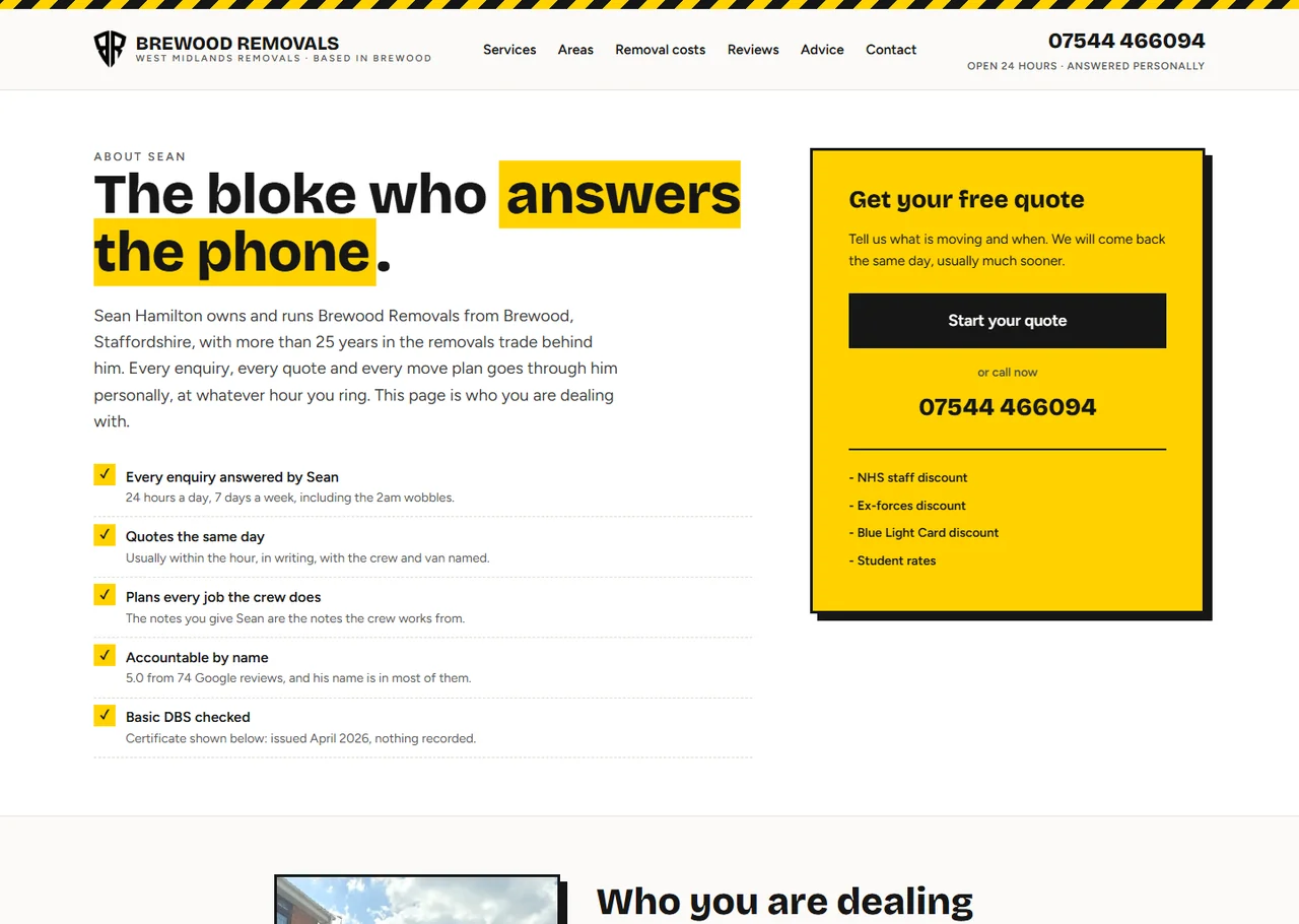 Screenshot of the Brewood Removals 'About Sean' page. The heading reads 'The bloke who answers the phone.' The page lists Sean Hamilton's accountability markers: every enquiry answered by Sean, quotes the same day, plans every job by name, and a Basic DBS check. It positions the business around a named, accountable owner rather than a faceless brand.