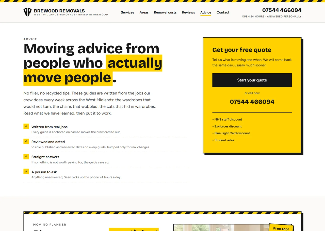 Screenshot of the Brewood Removals advice hub page. The heading reads 'Moving advice from people who actually move people'. Below it, four trust markers: Written from real jobs, Reviewed and dated, Straight answers, and A person to ask. The page makes clear the advice comes from the crew's own work, not from generic SEO filler.