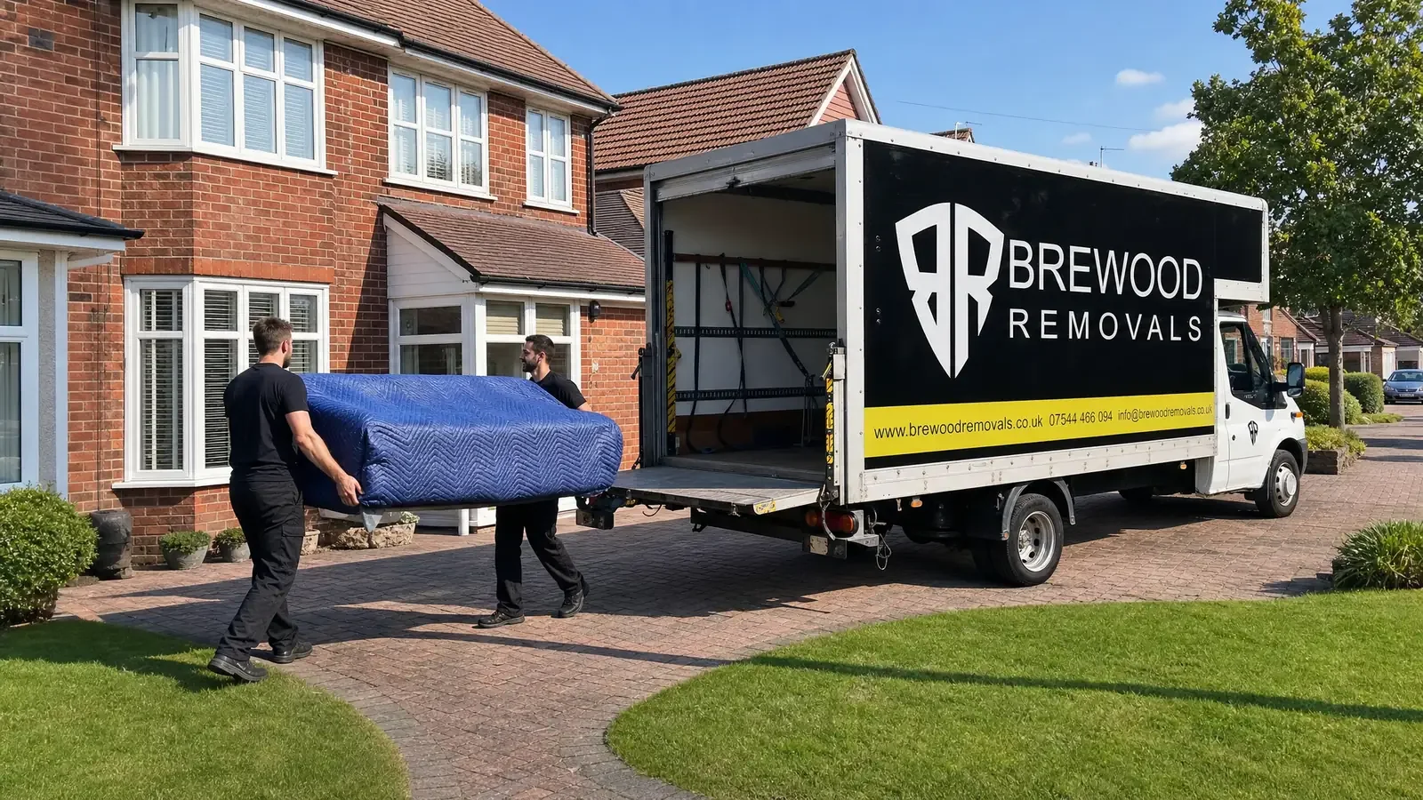 The real Brewood Removals crew carrying a blanket-wrapped sofa from a red-brick semi-detached house into their black Luton van, which carries the BREWOOD REMOVALS wordmark and BR shield logo, on a sunny driveway. A genuine job photograph from the company, not stock imagery.