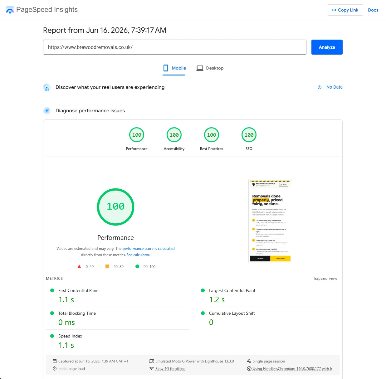 Google PageSpeed Insights mobile report for brewoodremovals.co.uk dated 16 June 2026, showing perfect scores of 100 for Performance, 100 Accessibility, 100 Best Practices and 100 SEO. Core Web Vitals metrics read First Contentful Paint 1.1 seconds, Largest Contentful Paint 1.2 seconds, Total Blocking Time 0 milliseconds, Cumulative Layout Shift 0 and Speed Index 1.1 seconds.