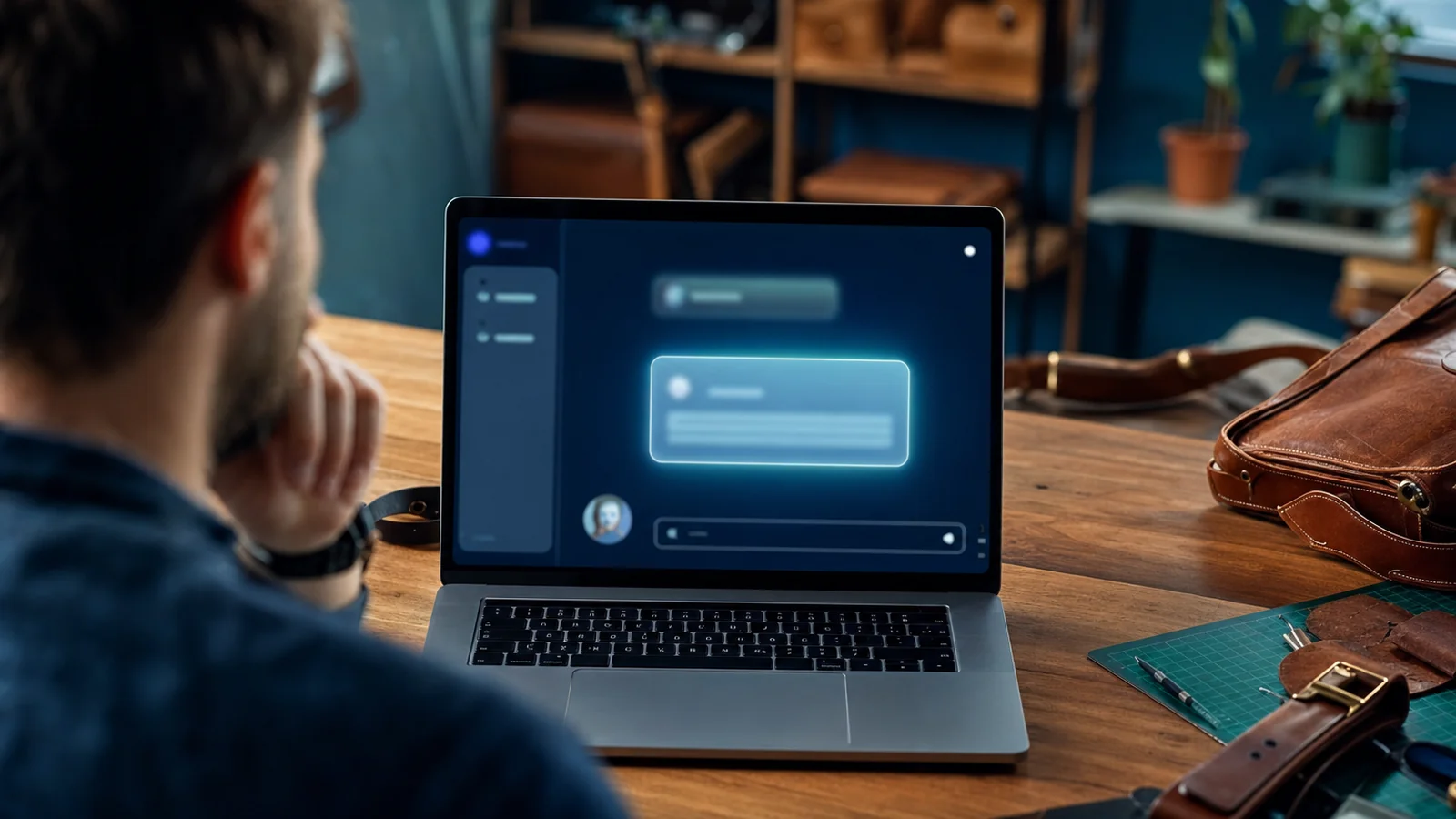 A UK small-business owner looking at a laptop showing an AI assistant answer, with a thoughtful expression, representing a business that has been left out of an AI-generated response.