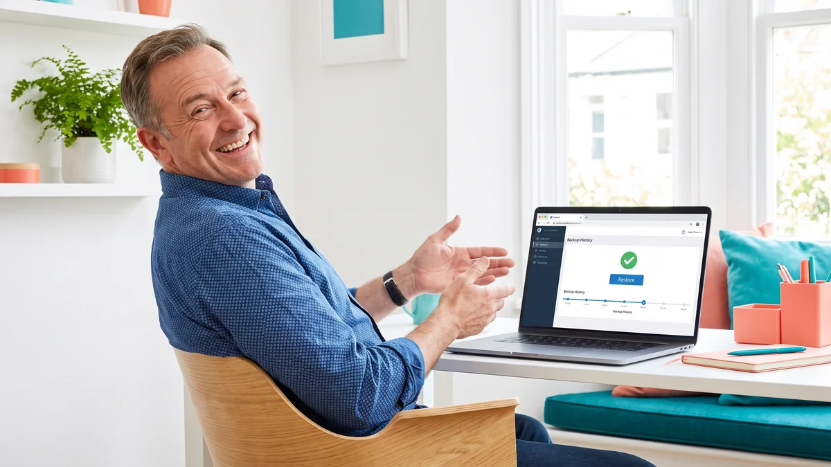 A relieved man leaning back from his laptop and smiling as a backup history screen shows a timeline of restore points, a Restore button and a green success tick.