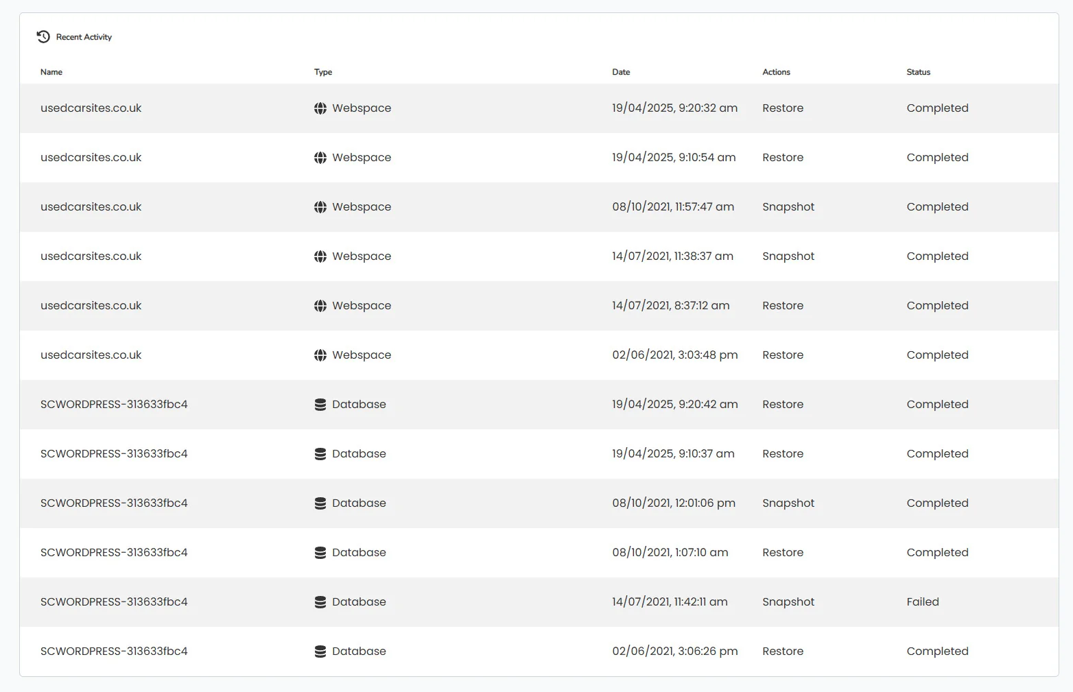 A 365i Timeline Backups Recent Activity log listing webspace and database snapshot and restore jobs with dates and a status column showing Completed for each, and one snapshot marked Failed.