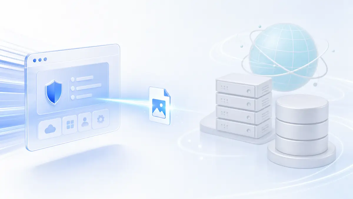 A browser panel casting a narrow beam of light that reaches only one small file card, while a much larger server rack, database and globe sit unlit outside the beam.