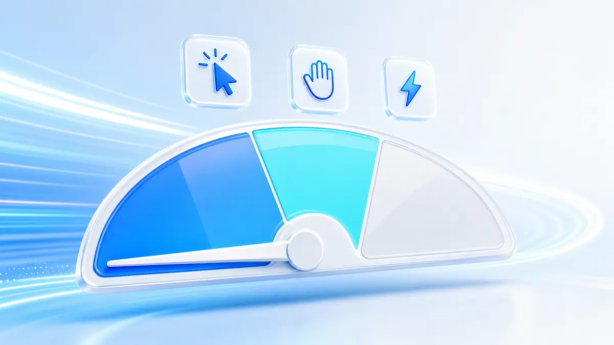 A glossy speedometer with three zones and the needle resting at the lowest position, with a clicking cursor, an open hovering hand and a lightning bolt on chips above the three zones.
