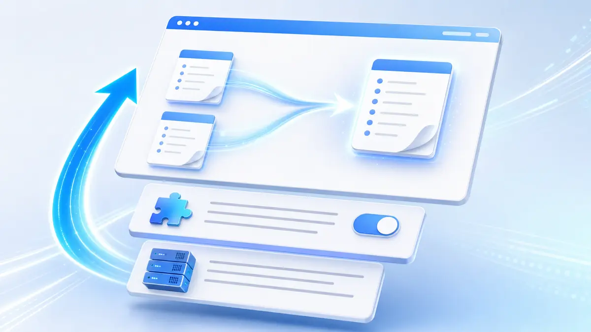Three glossy UI panels stacked in perspective: a server panel at the bottom, a plugin settings panel above it, and a browser window at the top in which two rule sheets flow together into one, with an arrow rising alongside.