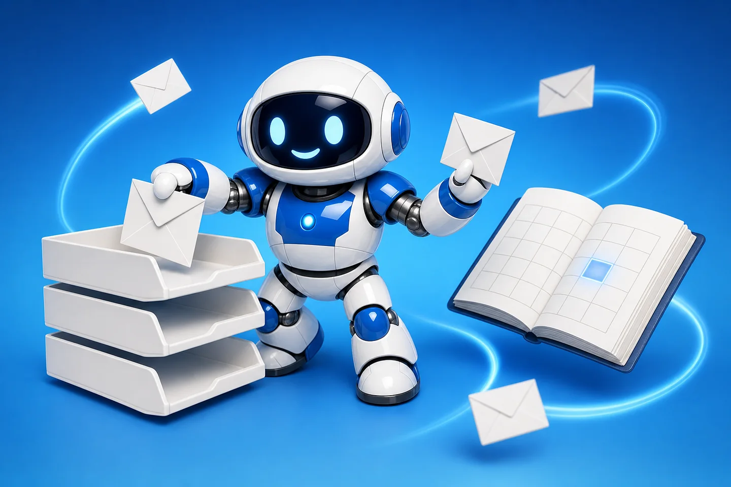 Mailbox MCP product artwork: Pip the robot mascot files a white envelope into a stack of trays while holding another up to check it, with an open diary floating beside him showing one date square highlighted in blue.
