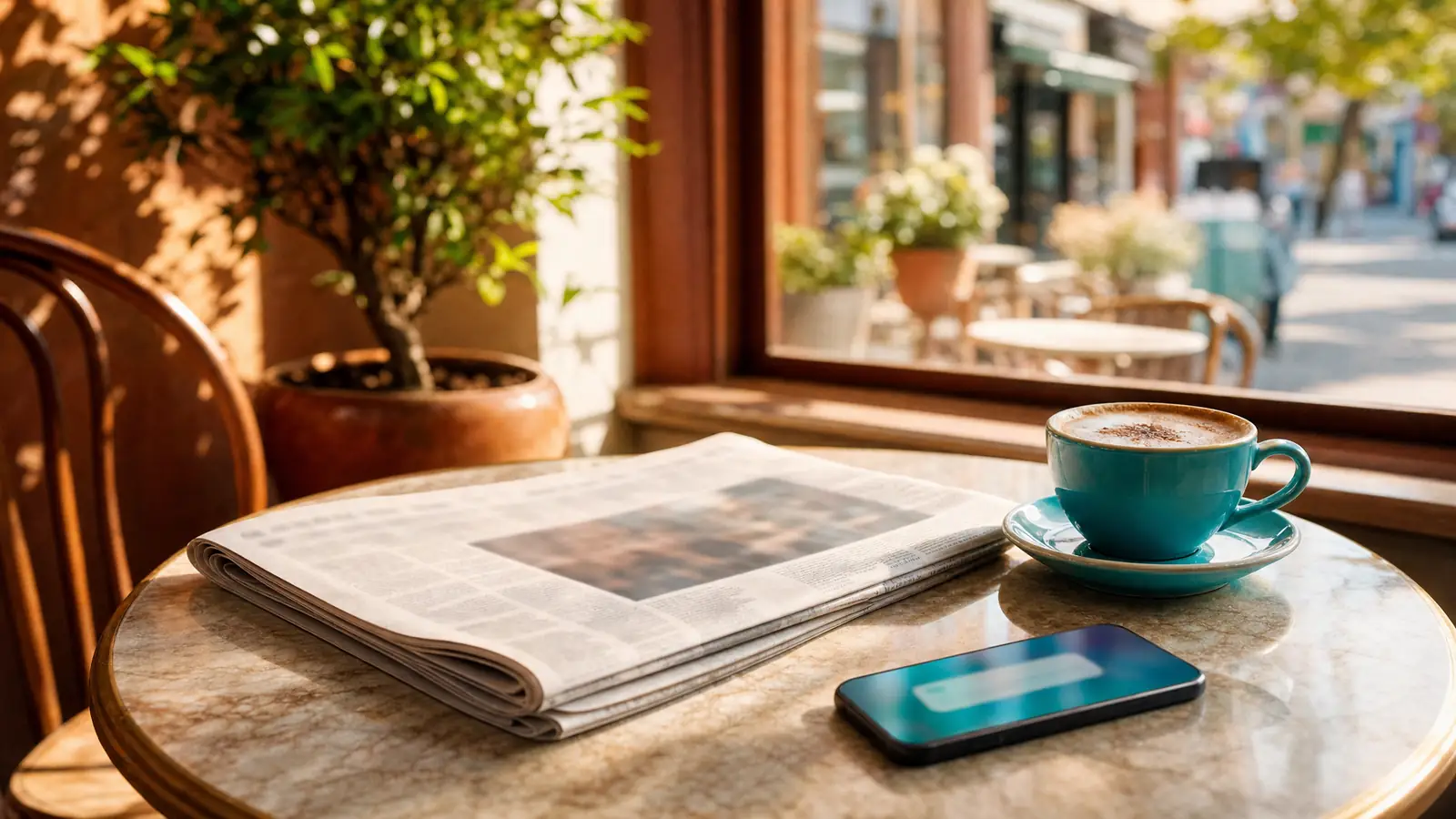 A folded morning newspaper beside a teal cappuccino and a smartphone showing a notification on a sunny British café table, the day the PHP2Shell vulnerability made global news.