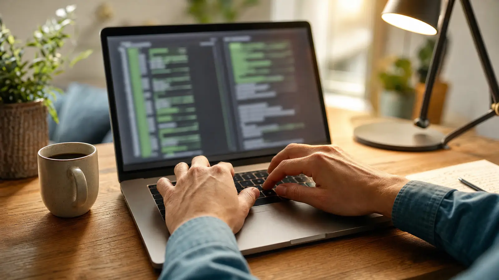 Hands typing on a laptop showing a terminal window, beside a coffee mug, a desk lamp and a handwritten checklist, the PHP2Shell patching work a self-managed server owner had to do.