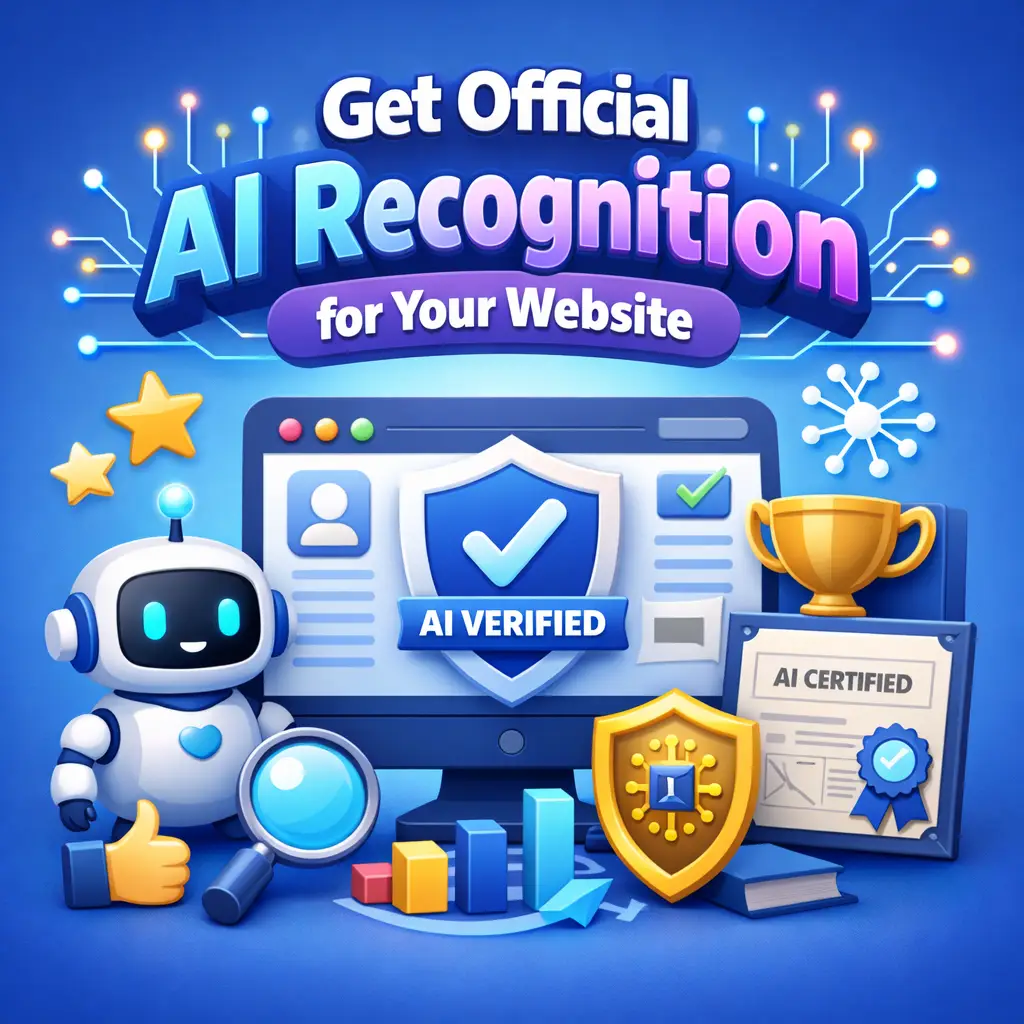 3D vector graphic illustrating official AI recognition for a website, featuring an AI verified badge, certification shield, and trust symbols for AI-ready websites.